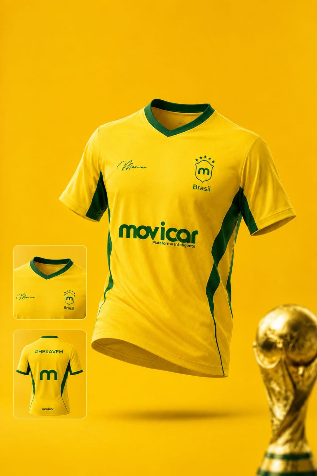 Design completo da Camisa Movicar Brasil (frente e costas #HEXAVEM) criado pela ELHM